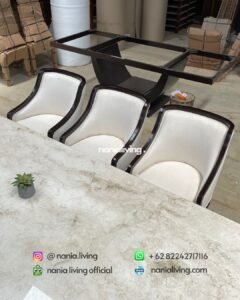 Carved Teak And Marble Dining Table With 8 Chairs