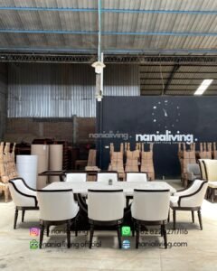 side Carved Teak And Marble Dining Table With 8 Chairs