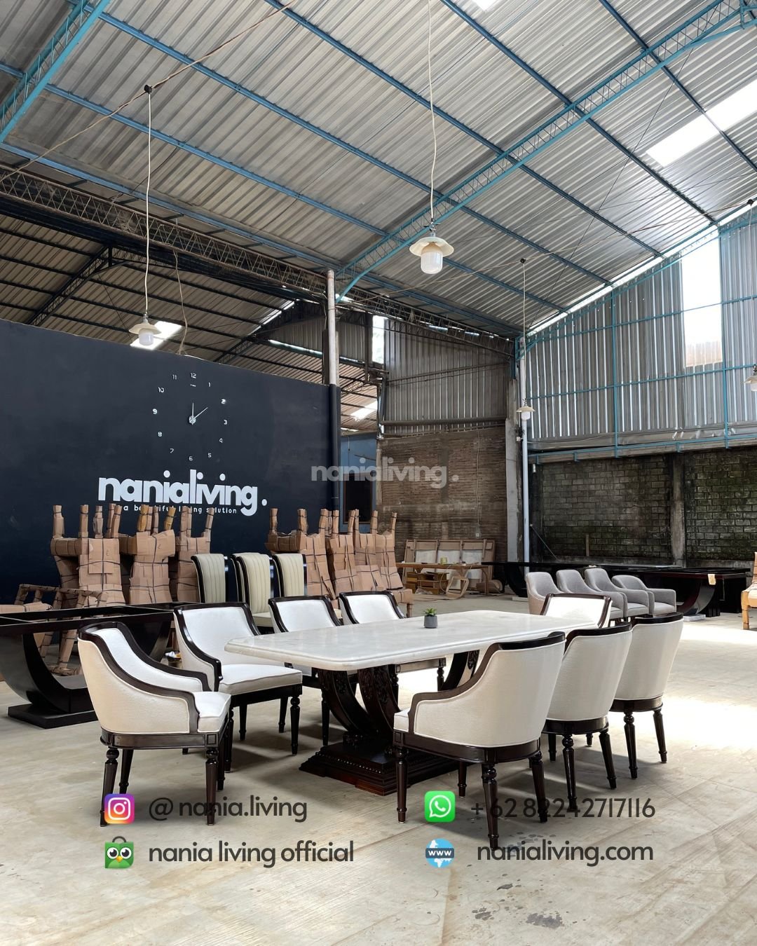 Carved Teak And Marble Dining Table With 8 Chairs (9) cv nania bintang utama