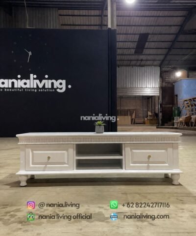 White Lacquered Tv Cabinet With 4 Storage Drawers