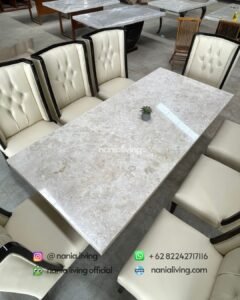 top Cream Marble Dining Table With 8 Elegant Chairs