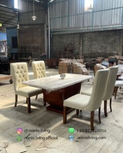 Cream-coloured Marble Dining Table Set With 4 Modern Chairs