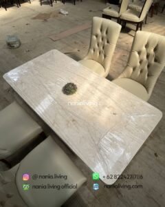 detail Cream-coloured Marble Dining Table Set With 4 Modern Chairs