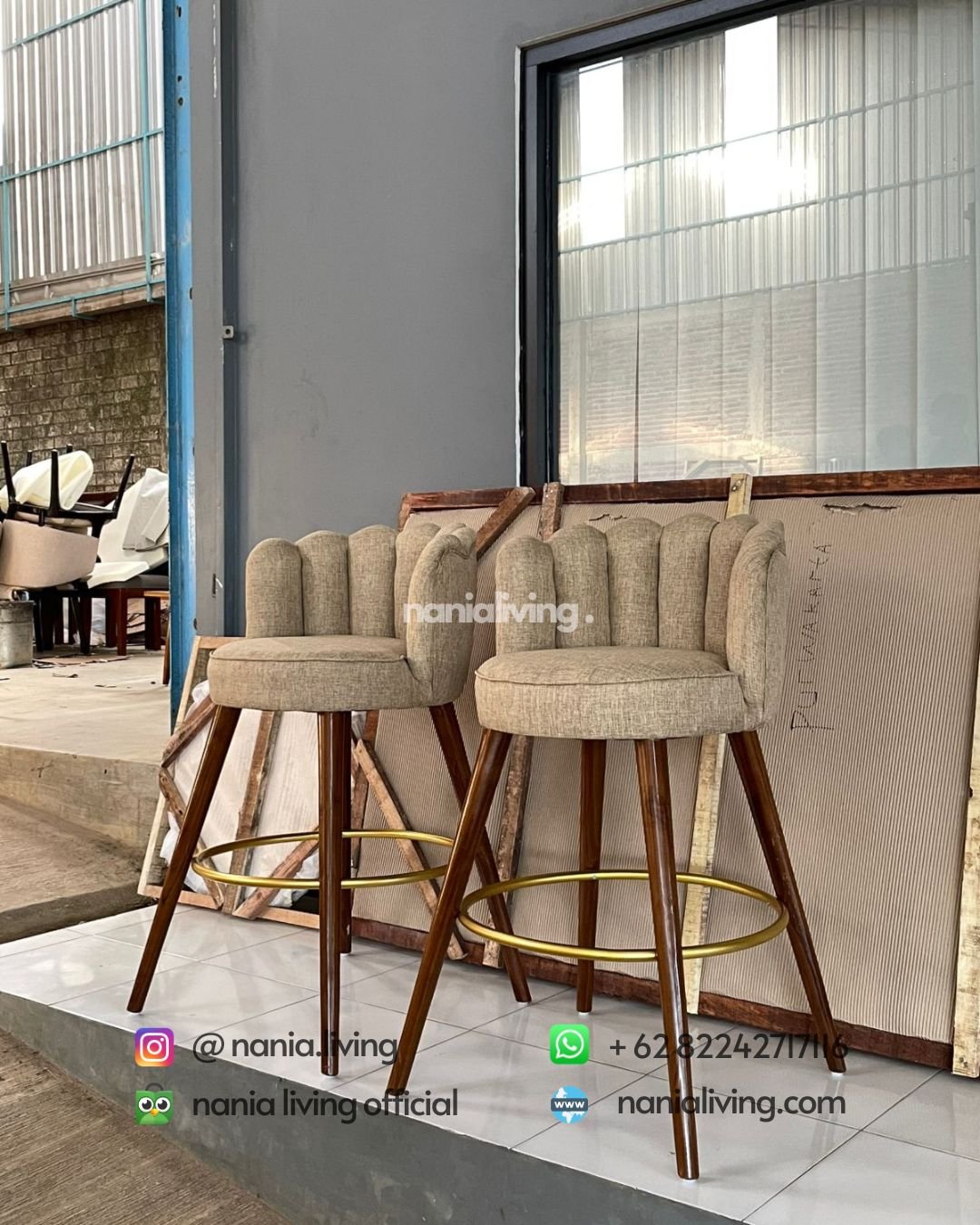 Modern Teak Bar Stool With A Metal Ring (2) Modern Teak Bar Stool With A Metal Ring