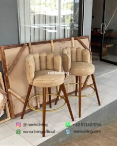side Modern Teak Bar Stool With A Metal Ring