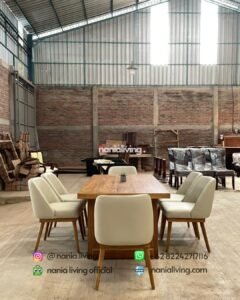 side Modern teak dining table with 6 retro chairs