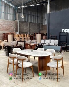 side Oval marble dining table with 6 dining chairs