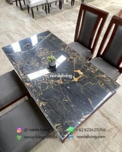 top Portoro Marble Dining Table With 4 Teak Chairs