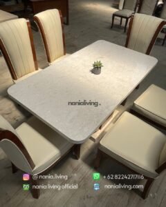 top Stella marble dining table with 6 teak chairs