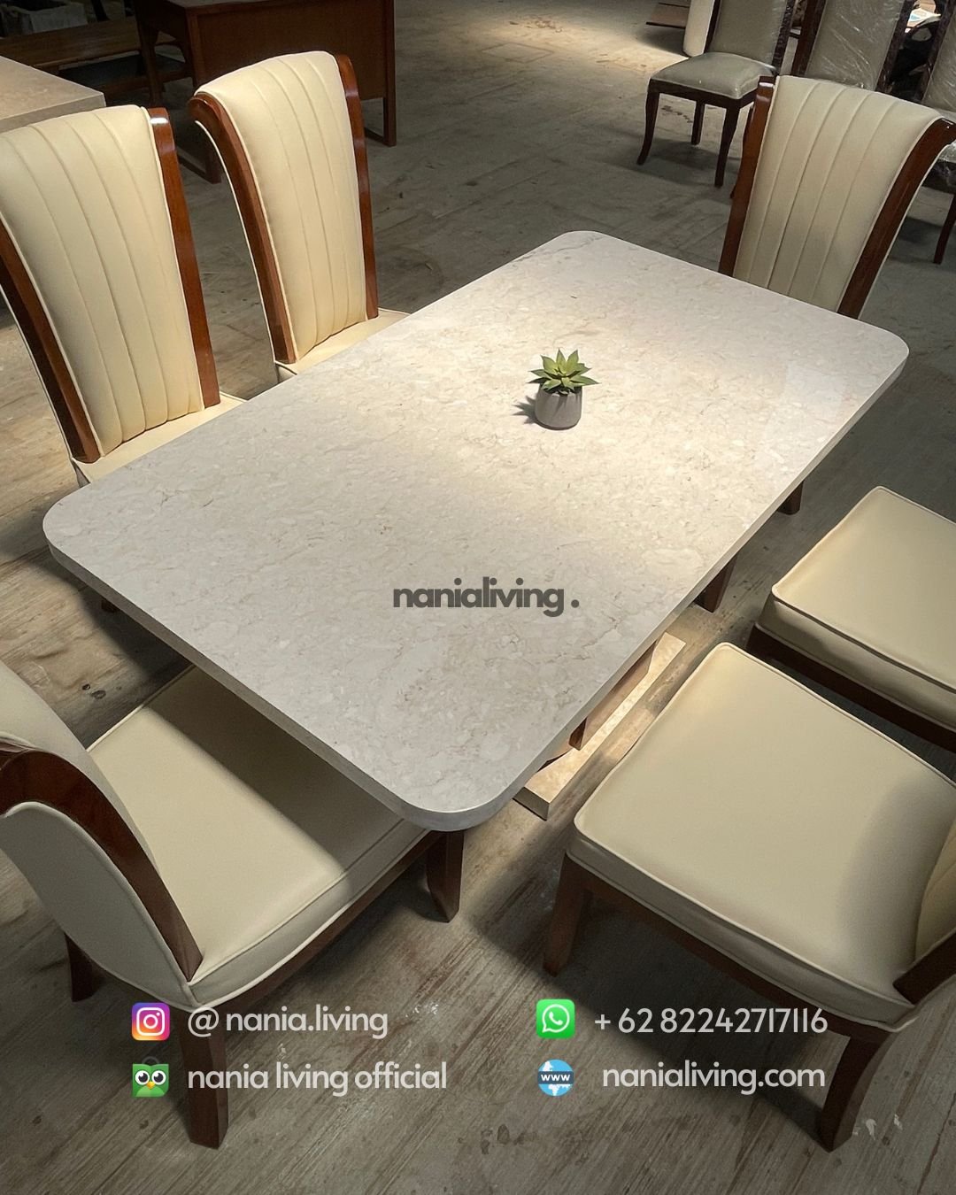 top Stella marble dining table with 6 teak chairs