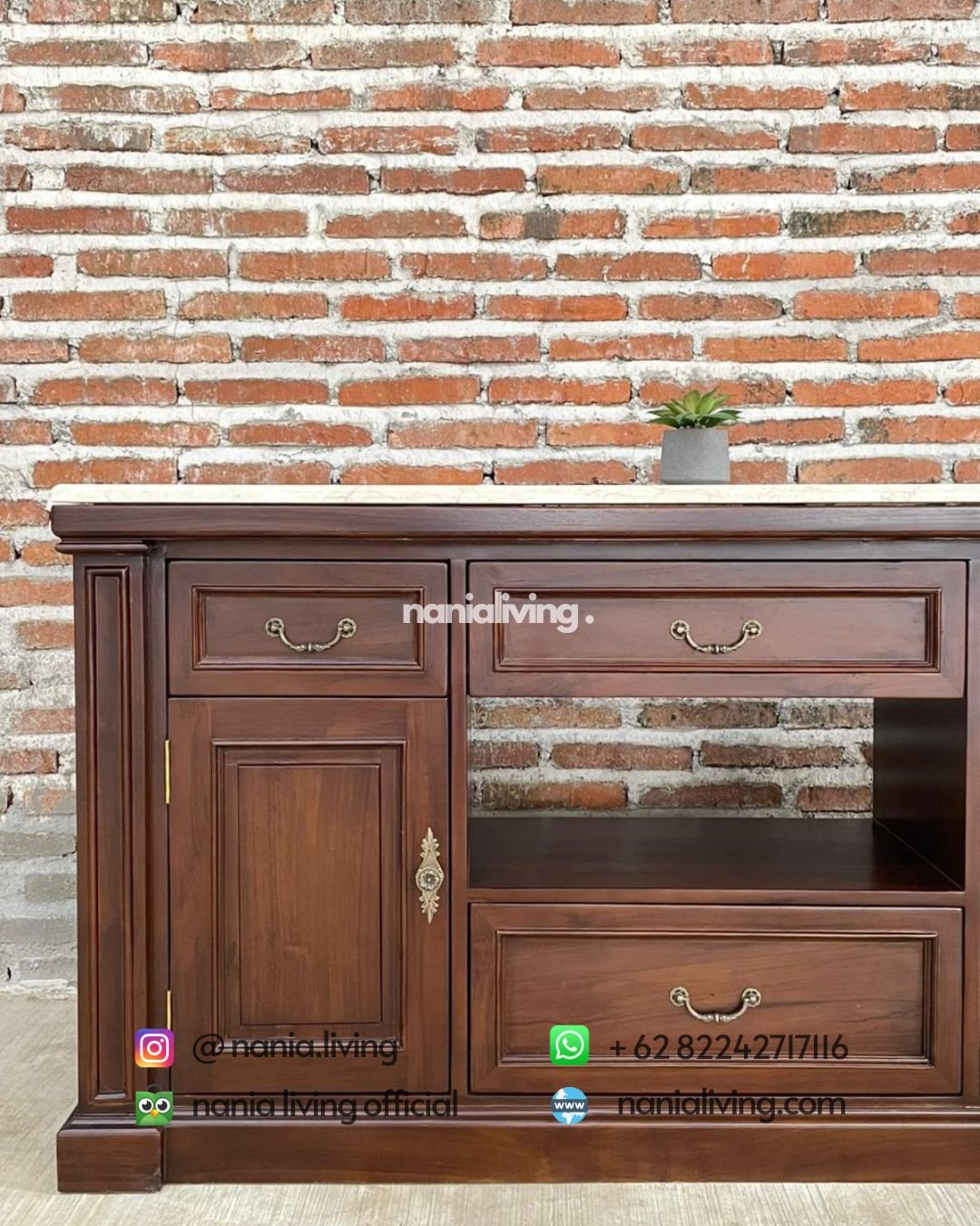Elegant Teak Sideboard With Marble Top And 6 Drawers (4) detail Elegant Teak Sideboard With Marble Top And 6 Drawers