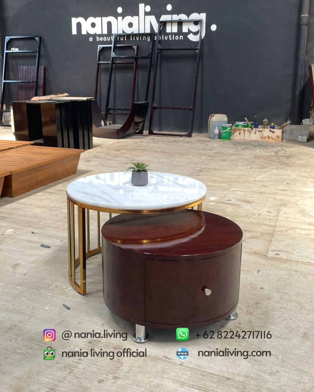 Round Marble Coffee Table With A Teak And Iron Frame (1) nanialiving