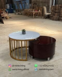 Round Marble Coffee Table With A Teak And Iron Frame