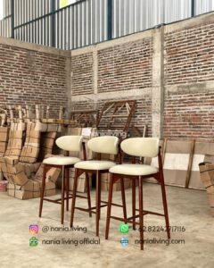 Teak Bar Stool With White Synthetic Leather Upholstery