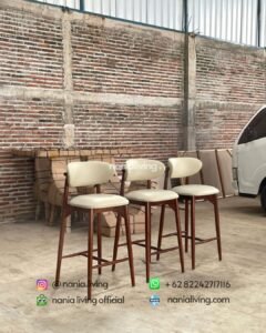 side Teak Bar Stool With White Synthetic Leather Upholstery