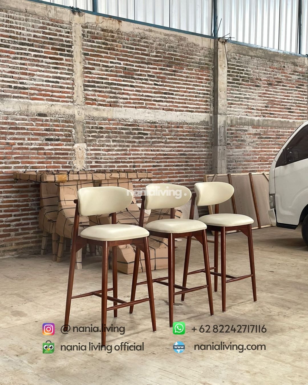 side Teak Bar Stool With White Synthetic Leather Upholstery