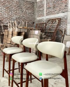 detail Teak Bar Stool With White Synthetic Leather Upholstery
