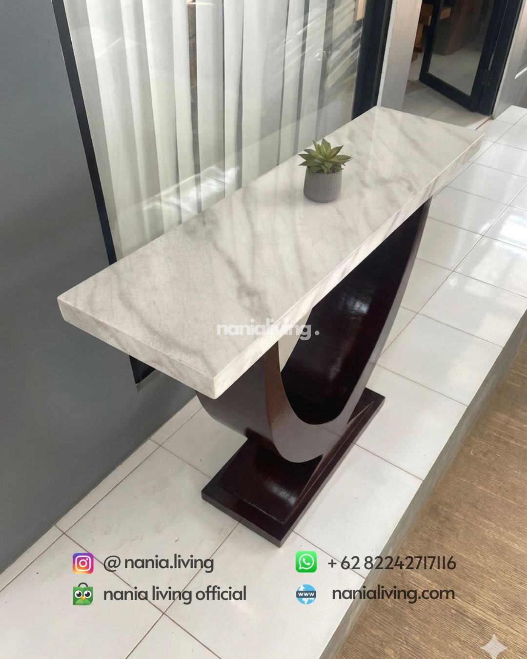 Teak Console Table With Marble Top (2) Teak Console Table With Marble Top