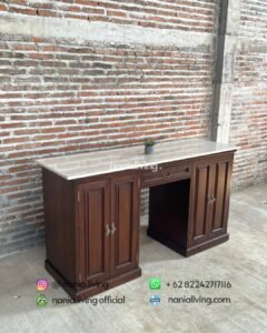 side Teak Sideboard With Marble Top And 3 Storage Drawers