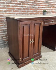 side Teak Sideboard With Marble Top And 3 Storage Drawers