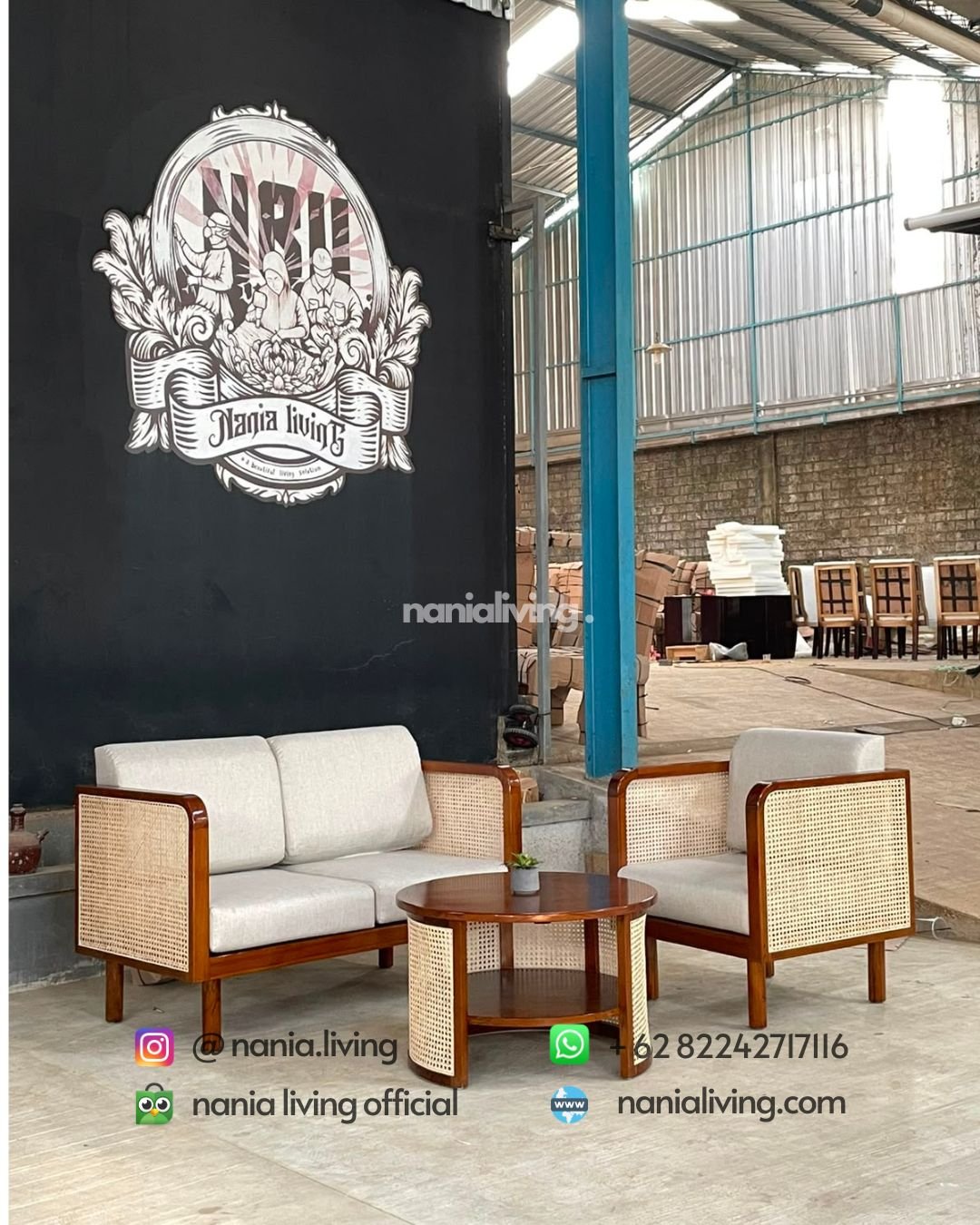 Teak And Rattan Combination Coffee Table Set (1)