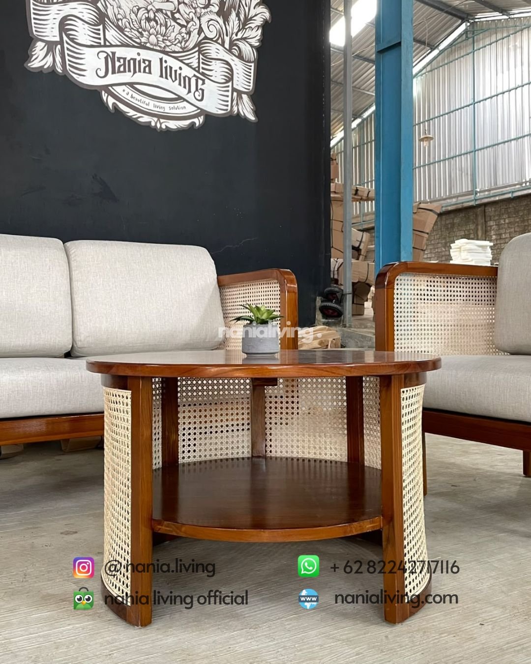 Teak And Rattan Combination Coffee Table Set (2)