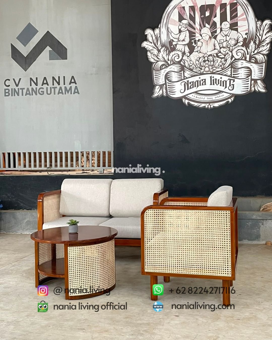 Teak And Rattan Combination Coffee Table Set (5)