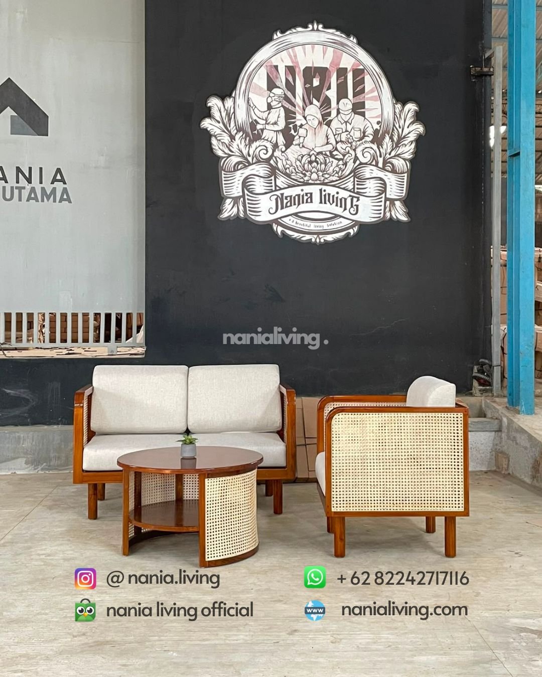 Teak And Rattan Combination Coffee Table Set (6)