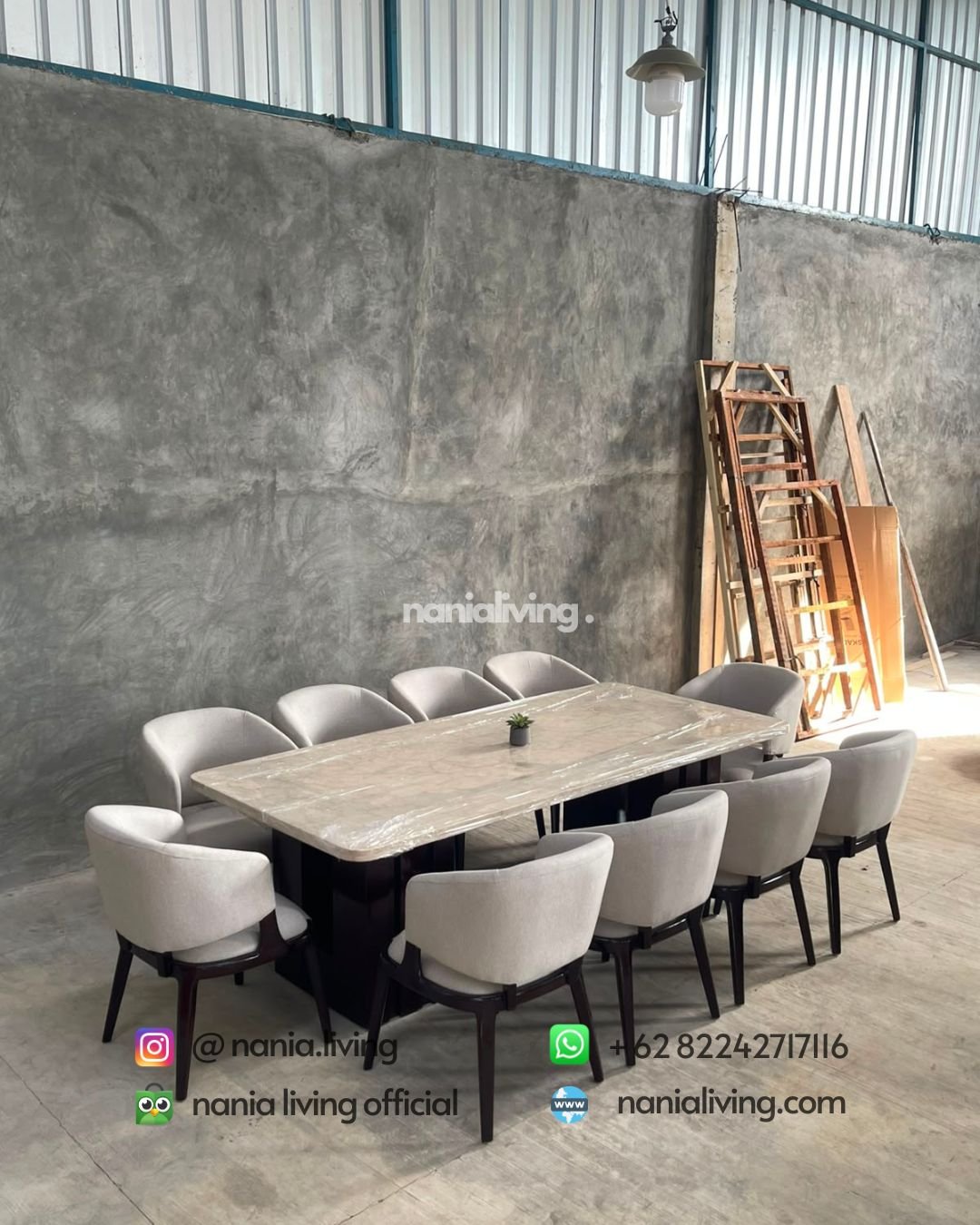 Large cream-coloured marble dining table with 10 Stella chairs (3)