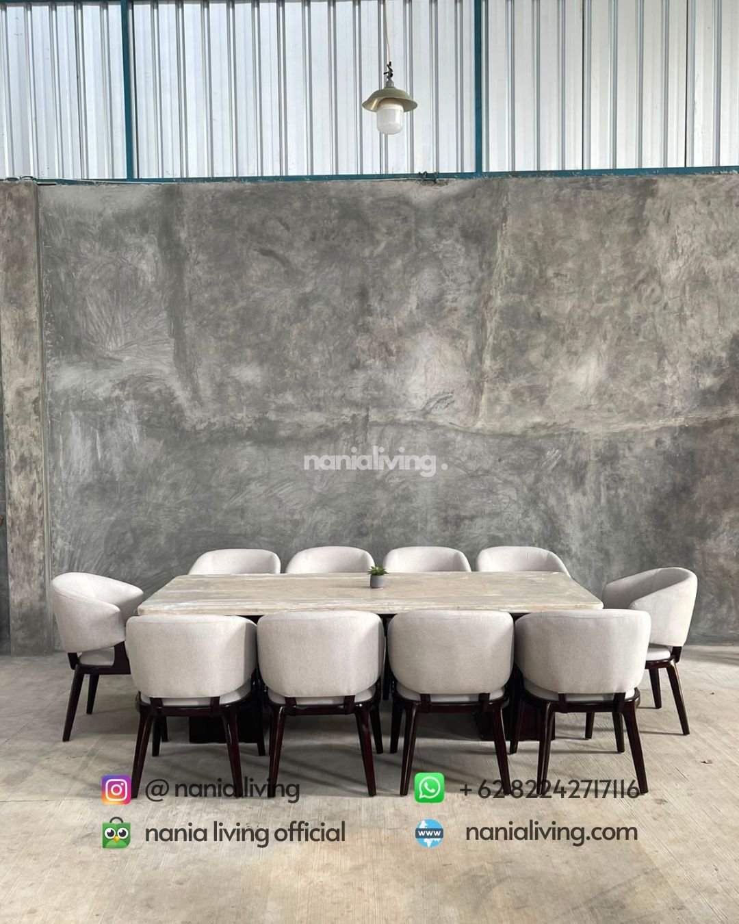 Large cream-coloured marble dining table with 10 Stella chairs (6)