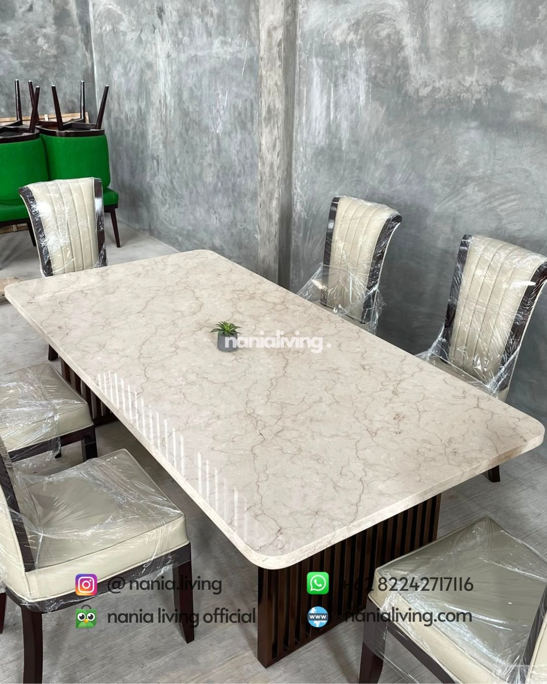 Marble Dining Table With Iron Legs And 6 Striped Chairs (4)