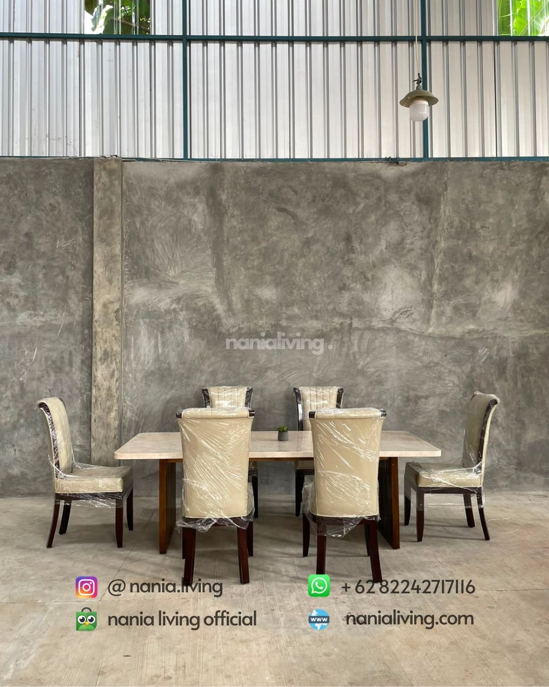 Marble Dining Table With Iron Legs And 6 Striped Chairs (8)