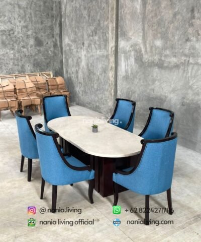 Stella Marble Dining Table With 6 Blue Spiral-patterned Chairs
