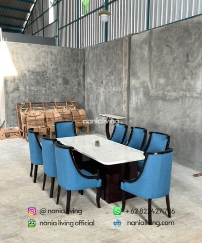 Stella Marble Dining Table With 8 Blue Spiral-patterned Chairs