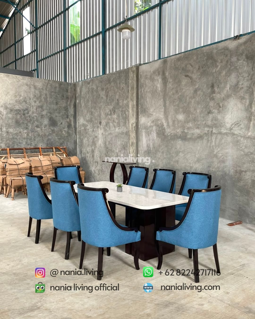 Stella marble dining table with 8 blue spiral-patterned chairs (2)