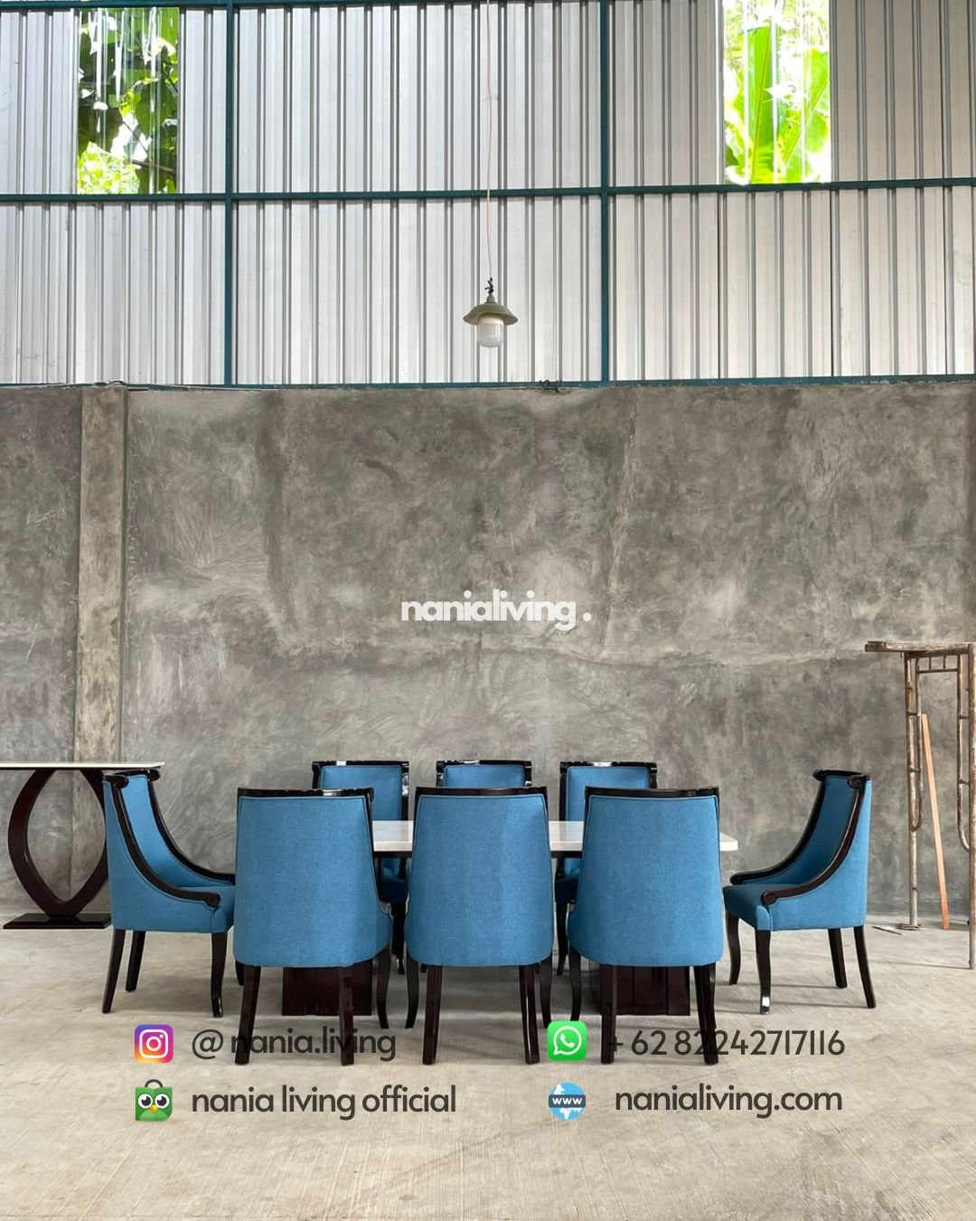 Stella marble dining table with 8 blue spiral-patterned chairs (7)