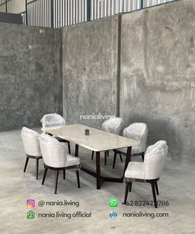 Marble Dining Table With A Teak Frame And 6 Chairs
