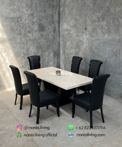 Marble Dining Table With 6 Black Striped Chairs