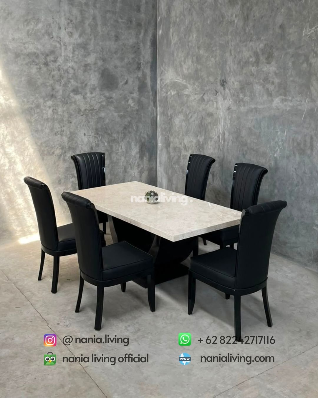 Marble Dining Table With 6 Black Striped Chairs (1)