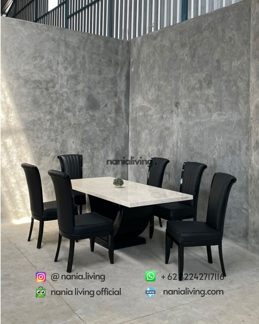 Marble Dining Table With 6 Black Striped Chairs (2)
