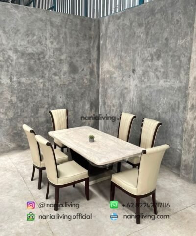 Standard Marble Dining Table With Teak Slatted Chairs