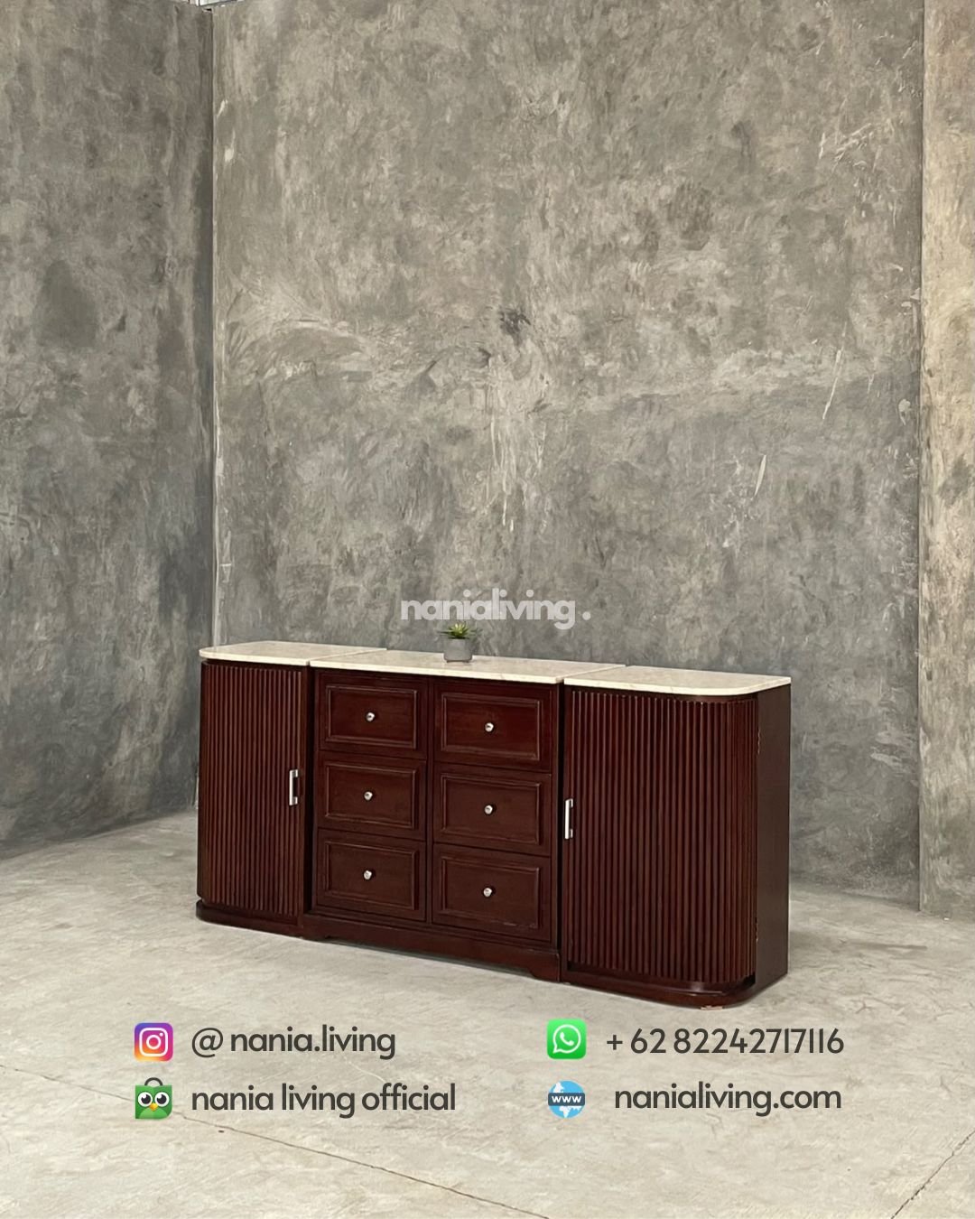 Three-section Custom-made Teak And Marble Sideboard (1)