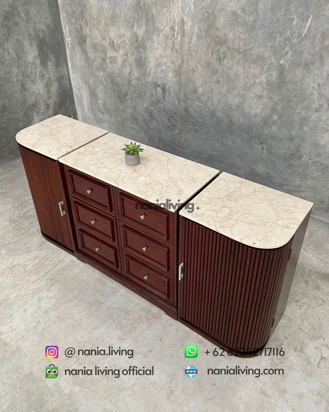 Three-section Custom-made Teak And Marble Sideboard (2)