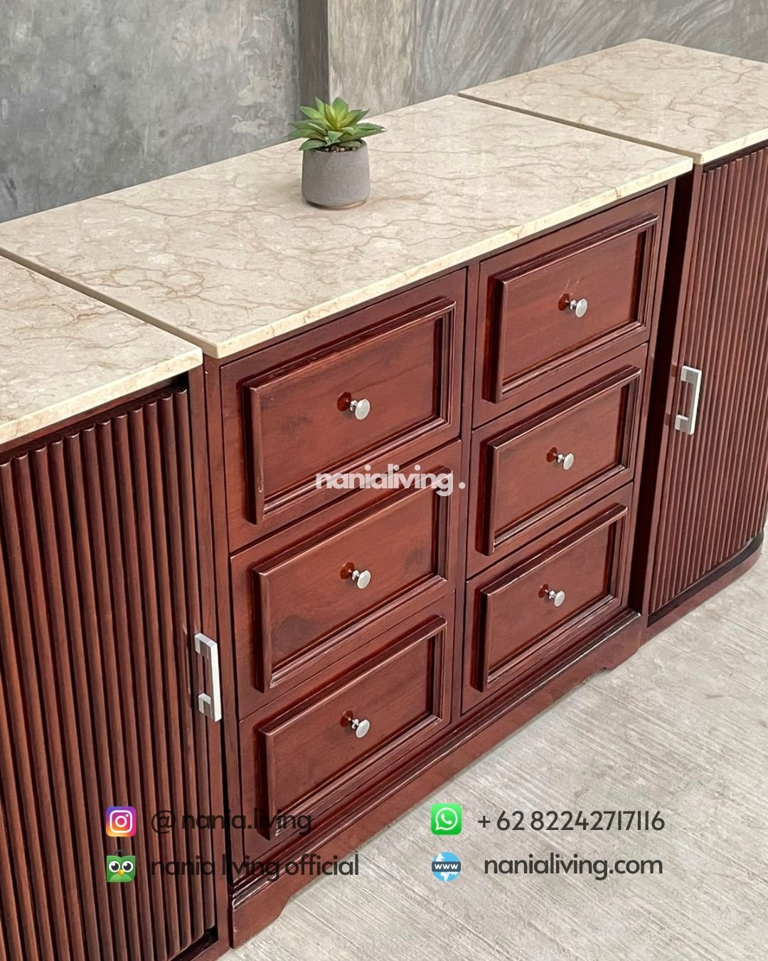 Three-section Custom-made Teak And Marble Sideboard (4)