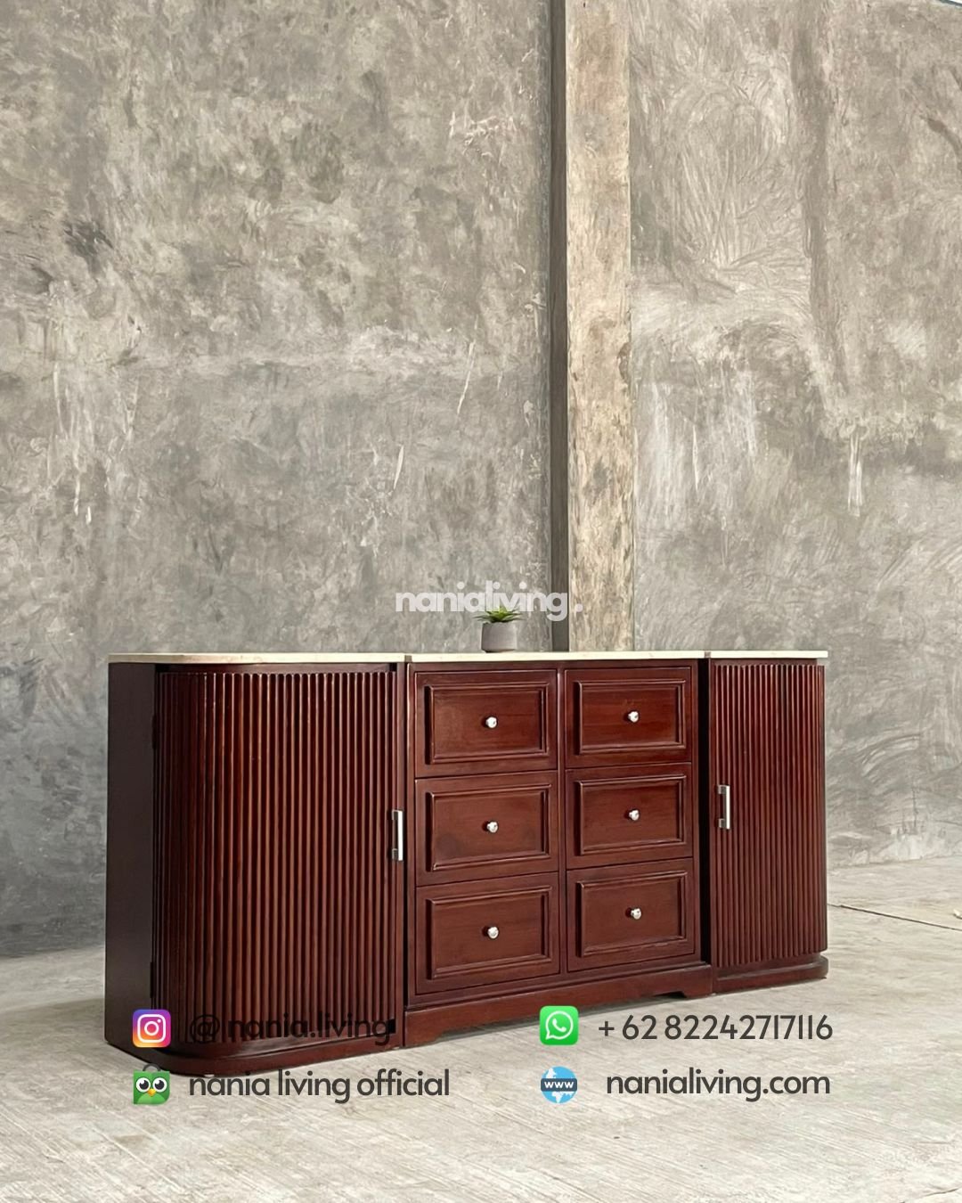 Three-section Custom-made Teak And Marble Sideboard (5)