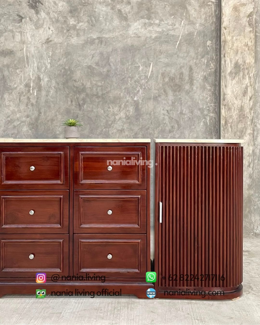 Three-section Custom-made Teak And Marble Sideboard (6)