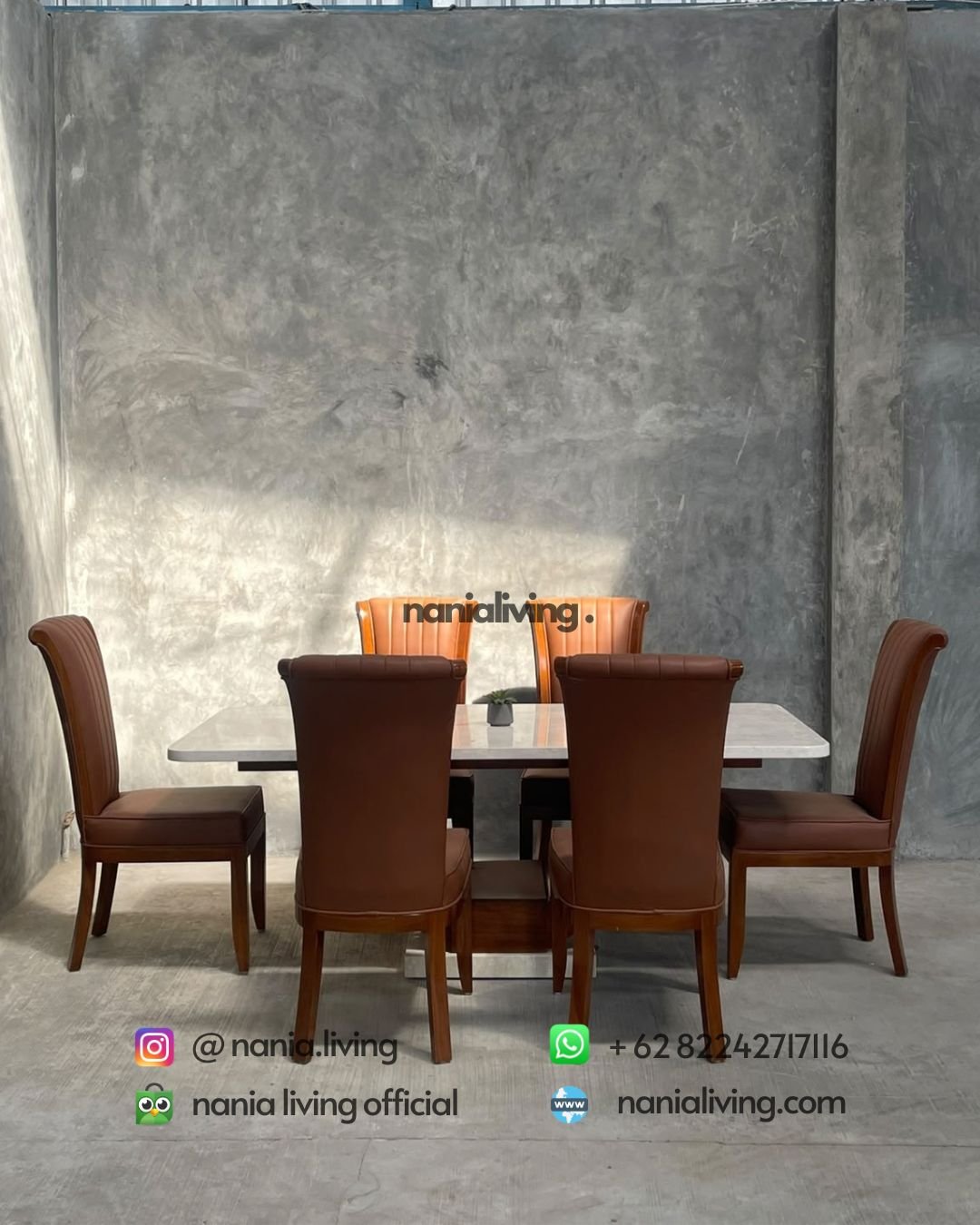Marble Dining Table With Brown Striped Dining Chairs (5)